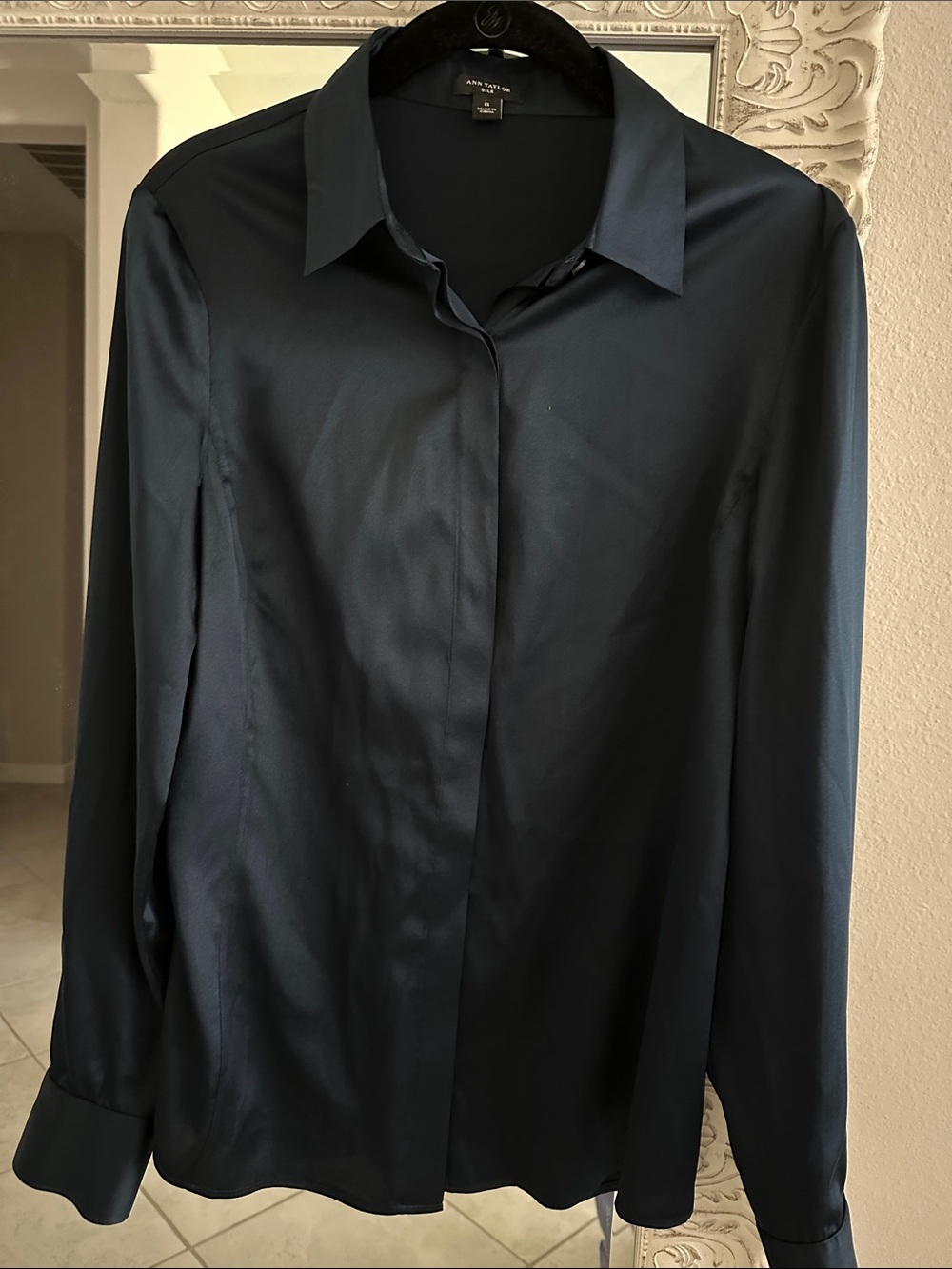 Ann Taylor Silk Navy Button-Down Shirt